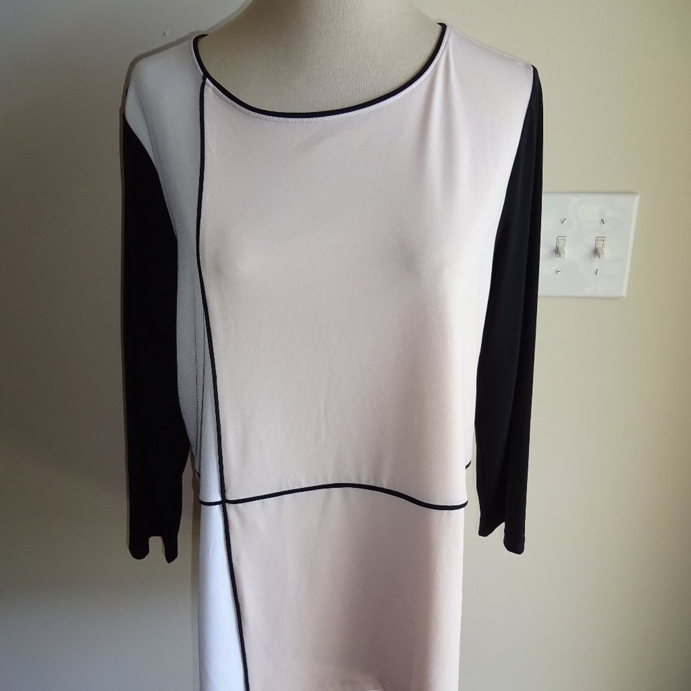 Womens Calvin Klein Block Top Shirt L Tan White Black Lined 3/4 Sleeves